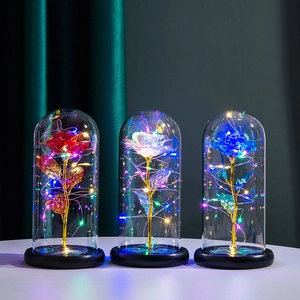 Detailed view of red, iridescent white and blue gold foil roses with LED fairy lights