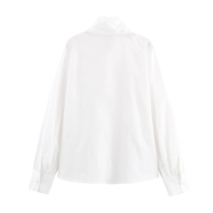 Elegant white long-sleeve blouse with lace-edged stand collar and pearl button back view
