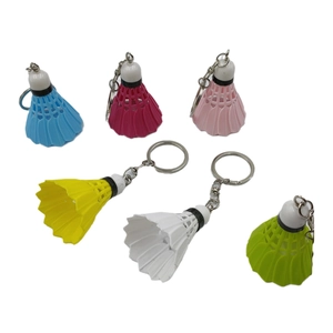 Realistic badminton shuttlecock keychains in six vibrant colors with durable metal rings