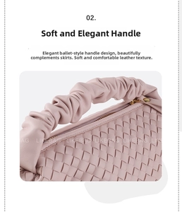 Detail of woven leather handbag featuring ruffled handle and soft pink ballet style