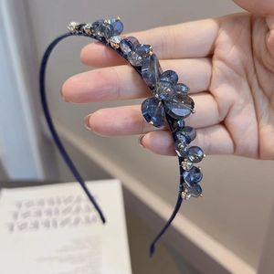 Exquisite dark blue crystal headband featuring handmade floral resin rhinestones for women