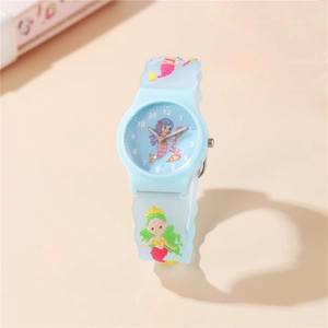 Kids Quartz Watch Cartoon Mermaid Pattern Plastic Case Silicone Strap Analog Wristwatch For Girls Students