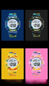Detail showing four camouflage patterns of the waterproof digital sports watch for kids