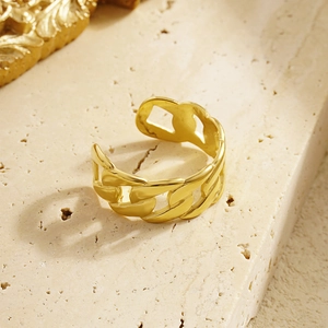 Vintage hollow Cuban link open ring in gold finish with adjustable minimalist band