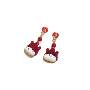New Chinese-style silver needle red ox stud earrings with Fu character and gold accents