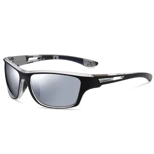 Polarized sports sunglasses with matte black frame and silver mirrored lenses for cycling