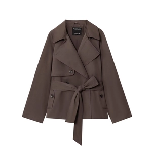 Short dark brown double-breasted trench jacket with notch lapels and waist belt