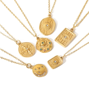 French vintage 18K gold stainless steel lava texture necklaces with zircon pendants