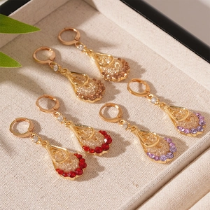 Vintage mesh teardrop earrings with crystals in gold settings, red purple and champagne colors