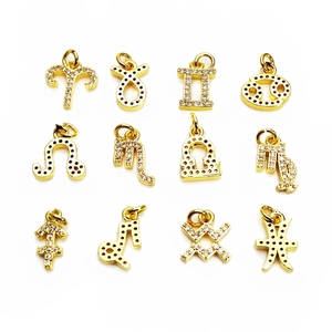 Set of 12 gold plated zodiac charms with cubic zirconia for DIY jewelry making