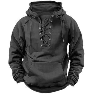 Men's retro lace-up hoodie in solid black with kangaroo pocket and long sleeves