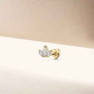 Detail of S925 silver gold cartilage stud with marquise crystals and flat heart back