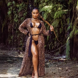 Long leopard print beach cover up cardigan and black bikini set for women