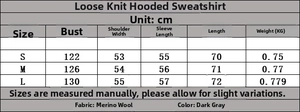 Size chart for the loose knit hooded sweater with dimensions for S, M, and L in centimeters