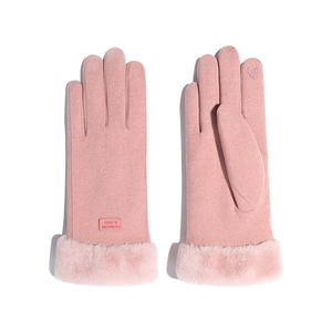 Women's pink winter thermal gloves with faux fur trim and touch screen heart embroidery