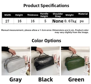 Tableau des dimensions du sac de maquillage de voyage avec spécifications et matériau en PU