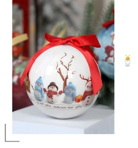 Close-up of white Christmas foam ball with snowman pattern and custom text ribbon