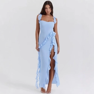 Square Neck Sleeveless Maxi Dress Ruffled Hem High Split Elegant Summer Party Bodycon Dress For Women Polyester Spandex