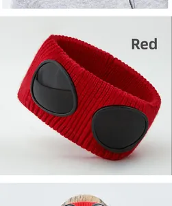 Detailed view of red ribbed knit headband with integrated pilot goggle lenses