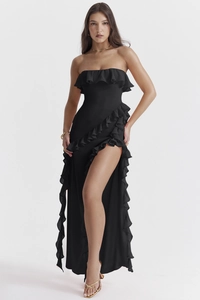 Détails de la robe de soirée noire bustier avec volants élégants et fente haute sexy
