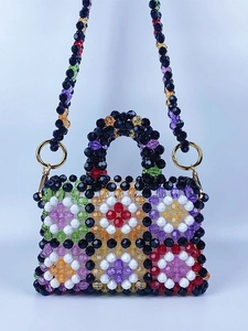 Handcrafted Beaded Handbag For Women Colorful Flower Pattern Acrylic Woven Crossbody Bag Retro Square Shoulder Bag Trendy