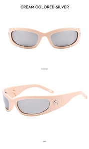 Detailed views of cream futuristic sunglasses with silver lenses and crescent logo