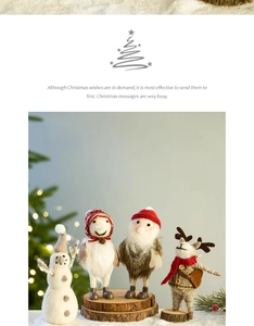 Detailed view of four handmade wool felt Christmas figurines on natural wooden bases