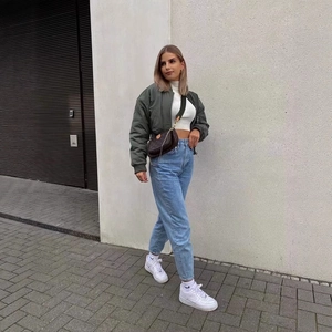 Women Casual Short Padded Bomber Jacket Polyester Windproof Stand Collar Zip Up Outerwear With Pockets Streetwear