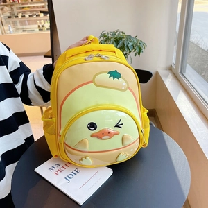 Cute yellow chick shaped cartoon backpack for kids with 3D shell and green sprout detail