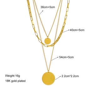 Three-layer 18K gold plated titanium steel chain necklace with circular coin pendant
