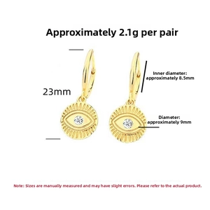 Detailed view of 18K gold S925 silver Evil Eye hoop earrings with weight and size specs