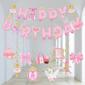 Pink ballet theme birthday party set with glitter Happy Birthday banner and hanging swirls