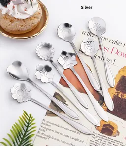 Set of 8 stainless steel coffee spoons with diverse floral-shaped heads in silver finish