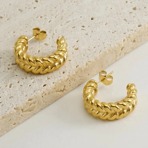 Twisted Hoop Earrings For Women Stainless Steel 18K Gold Plated Textured Braid C Shaped French Retro Jewelry