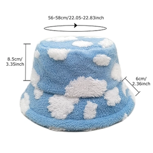 Blue plush bucket hat with white clouds and size specifications on white background