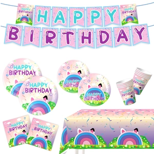 Pink and blue party supplies set with banners, plates and cups for birthday decorations