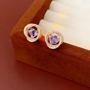 Square purple zircon earrings in gold minimalist circular frames with luxury crystal pave