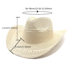 Beige woven straw western cowboy hat with wide brim and 56-58cm head circumference size info