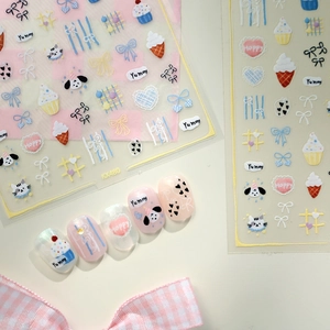 Cute cartoon puppy nail stickers with cupcakes and bows in macaron colors