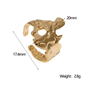 Detail view of irregular hammered gold ring showing dimensions of 20mm by 17.4mm