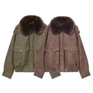 Damen Bomberjacke Aus Wildlederimitat Großer Kunstpelzkragen Reißverschluss Retro Streetwear Lässiger Lockerer Mantel