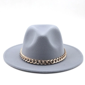 Detail of grey wool felt fedora featuring a stylish gold chain band decoration