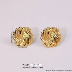 Detail view of gold spiral swirl earrings with stainless steel material and size specifications