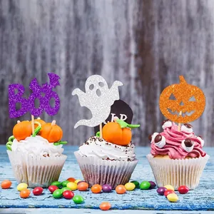 Halloween glitter cake toppers featuring Boo letters, spooky ghost and pumpkin designs