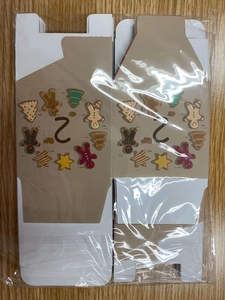 Flat lay of Christmas gingerbread man candy gift box in clear plastic packaging