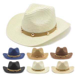 Chapeau De Paille De Cowboy Western Large Bord Protection Solaire Plage Extérieur Voyage Avec Bande Rivetée Unisexe