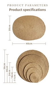Detailed view of woven jute heat-resistant placemats in oval and round shapes