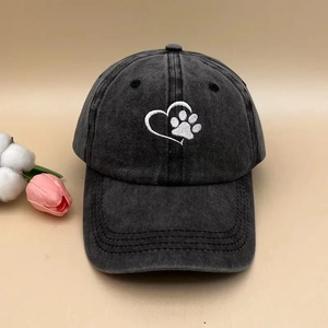 Washed dark gray baseball cap with cute embroidered heart and paw print for sun protection