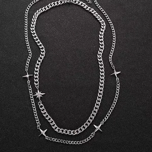 Double-layered silver titanium star pendant necklace with cuban link chain for men