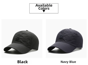 Detail view of breathable polyester baseball caps in black and navy blue colors